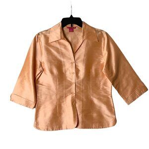 Vtg Sunny Leigh 100% Silk Blouse Women Medium Peach 3/4 Sleeve Business Formal